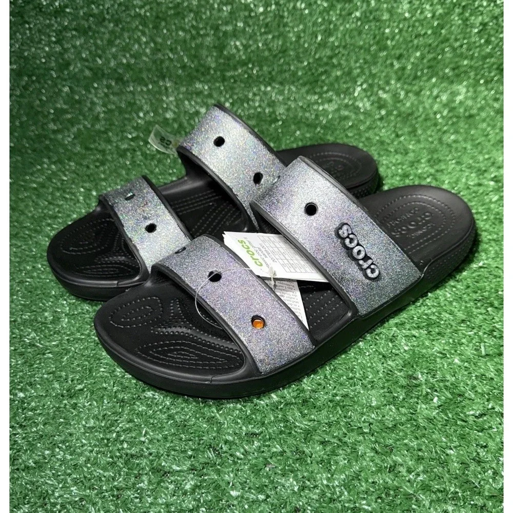 NEW! Crocs Glitter Strap Slide Sandals Black Silver Women's Size 14 Men's‎ 12